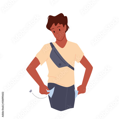 Unemployed poor young man with no money vector illustration. Cartoon sad male character standing, person with work problem showing empty pockets of pants isolated on white. Poverty, crisis concept