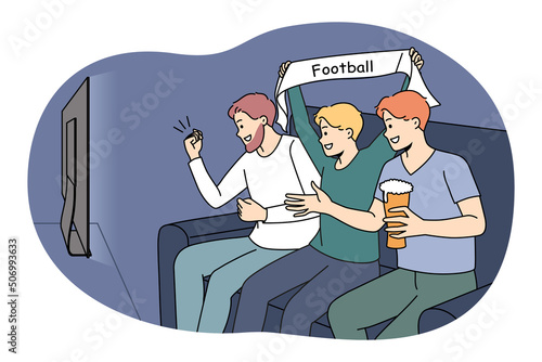 Overjoyed guys sit on coach drinking beer watching football on TV. Happy men enjoy sport game on television. Fan or supporters cheering favorite team. Vector illustration. 