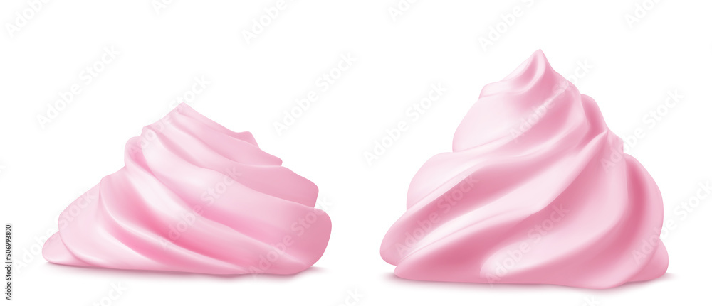 Whipped pink cream swirl or meringue side view 3D vector. Custard, butter or strawberry creme for decoration cake, cupcake or muffin, realistic elements set isolated on background