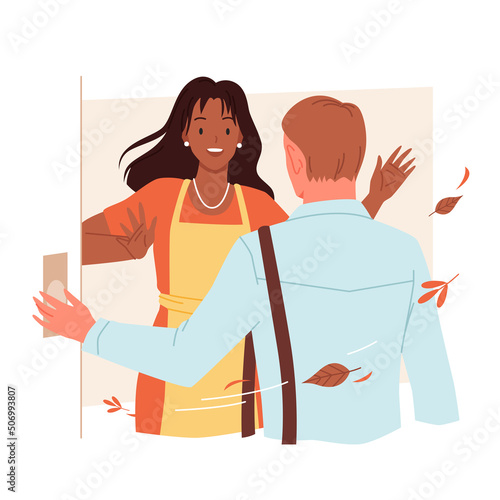 Happy woman opening door for homecoming man. Cartoon wife and husband standing in home doorway, girl meeting male character standing with back flat vector illustration. Love, relationship concept