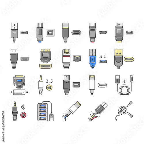 Usb Cable And Port Purchases Icons Set Vector