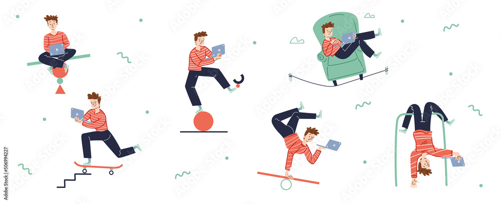Man work on laptop and keep balance in different poses. Vector flat illustration of person worker handstand on seesaw, hanging upside down and riding on skateboard