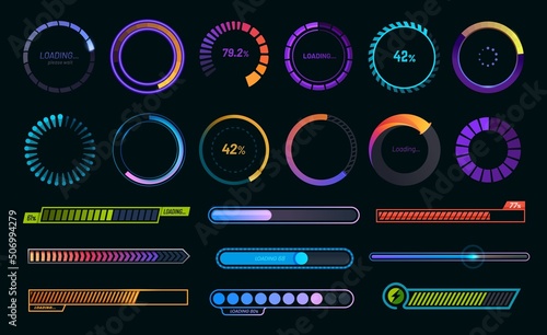 Loading progress bars, load or download and upload web icons, vector round graphs. Circle loaders and speed, status or loader percentage progress bars for website or internet page in neon gradient photo