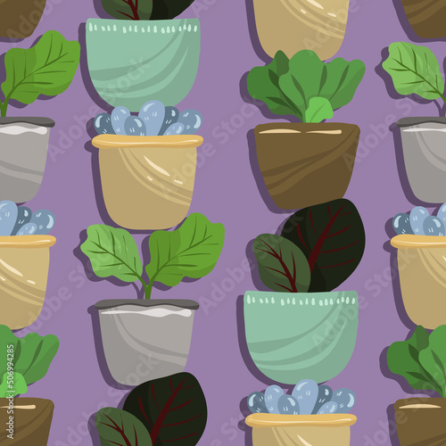 Home gardening.Vector illustration. Different houseplants, seedlings. Handmade, purple background, seamless pattern