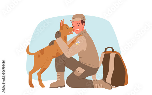 Happy dog meeting pet owner returning from military service. Cartoon soldier veteran character in camouflage uniform hugging adorable puppy flat vector illustration. Best friend, love concept