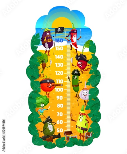 Kids height chart, vector pirate and corsair vegetables. Cartoon growth meter ruler with cute chilli pepper, tomato, garlic and broccoli, zucchini, avocado and radish characters on treasure island