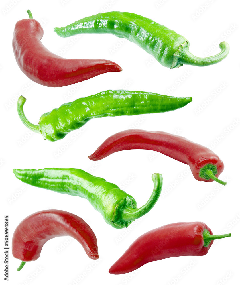 Red and green chilli peppers.