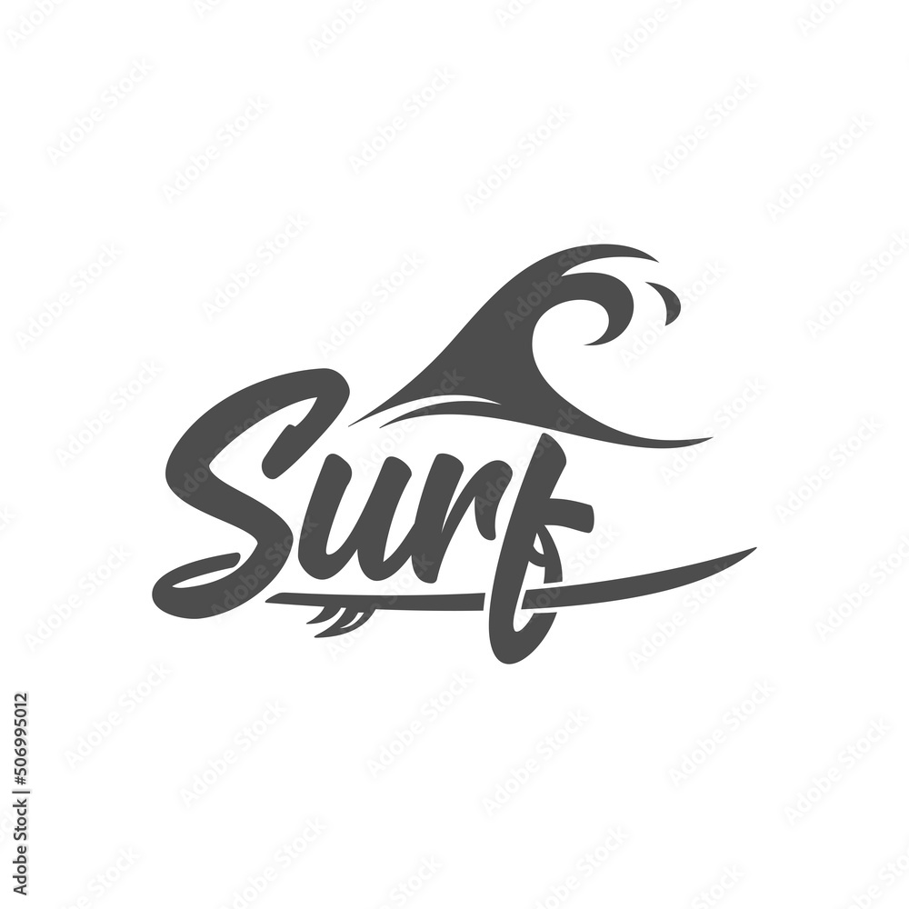 Fototapeta premium Vector illustration. Vintage handwritten emblem of Surf club with surfboard and waves