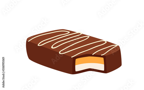 Sweet sandwich bar with chocolate icing, butterscotch and souffle layers filling vector illustration. Cartoon snack with bite, dessert in shape of rectangle, confectionery product of isolated on white