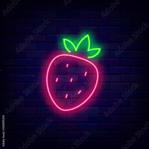 Strawberry neon icon. Fruit shop sign. Healthy eating. Slot machine element. Vector stock illustration