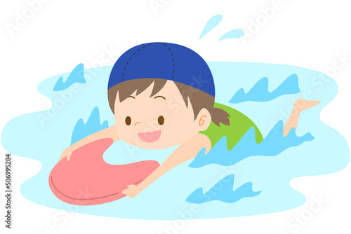 ビート板で泳ぐ女の子 水泳帽つき