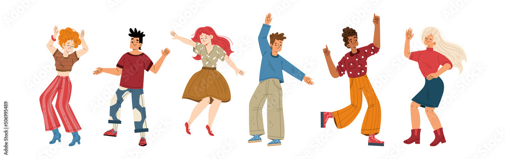 Happy young people dance and joy. Vector flat illustration of diverse excited characters have fun. Positive men and women dancers isolated on white background Happy young people dance and joy. Vector flat illustration of diverse excited characters have fun. Positive men and women dancers isolated on white background