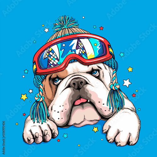 Cute cartoon english bulldog in winter hat and ski goggles. Stylish image for printing on any surface	