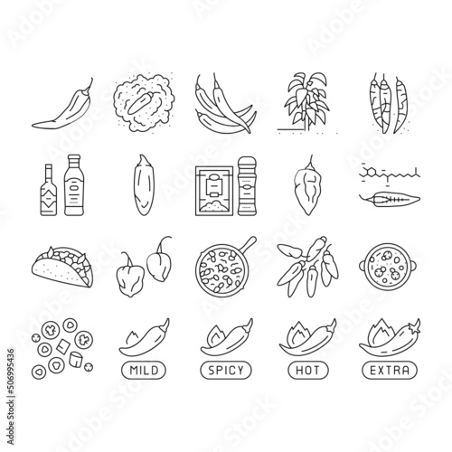 Chili Spicy Natural Vegetable Icons Set Vector