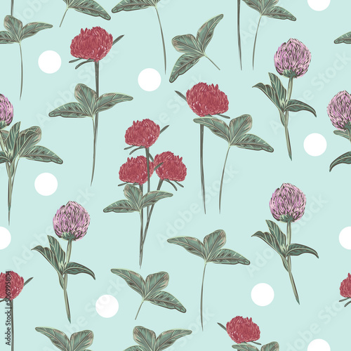 Cute vector seamless floral pattern with pink clover flowers for design