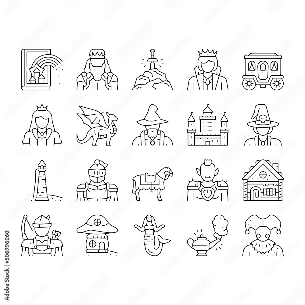Fairy Tale Magical Story Book Icons Set Vector