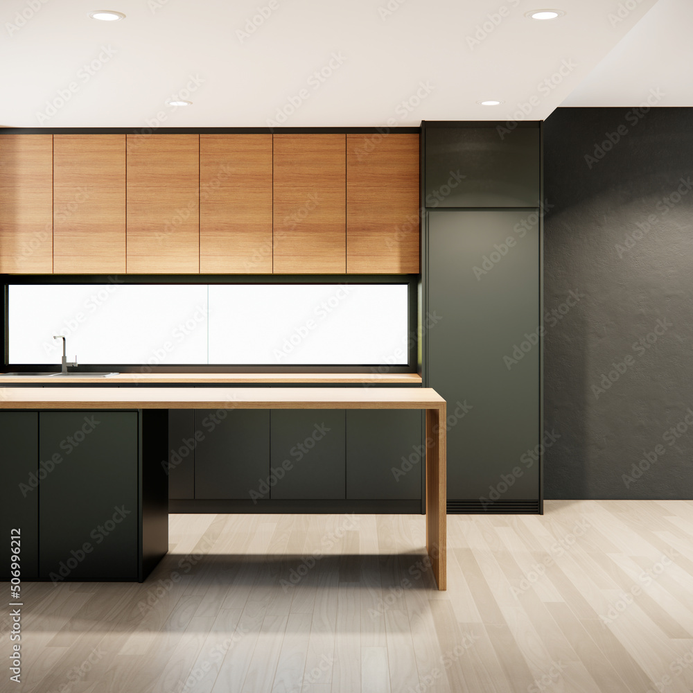 modern japandi style, black kitchen interior with wooden furniture, 3D rendering modern japandi style, black kitchen interior with wooden furniture, 3D rendering