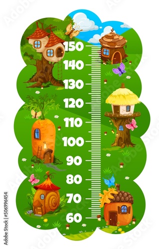 Kids height chart ruler cartoon elf village with fairy houses. Vector growth meter scale with nest  pine cone  tree  carrot  snail shell and acorn fantasy dwellings in forest or garden stadiometer