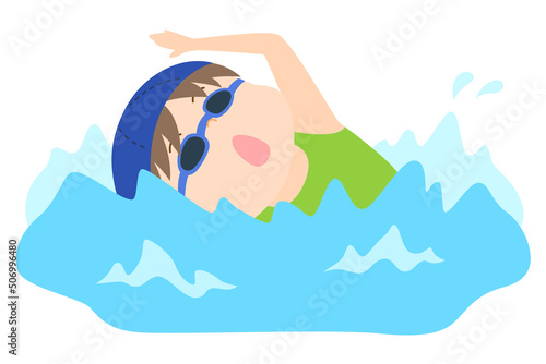 クロールで泳ぐ女の子 水泳帽とゴーグル