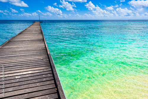 Shoreline and wooden jetty extending into the Indian Ocean. Maldives. © BRIAN_KINNEY