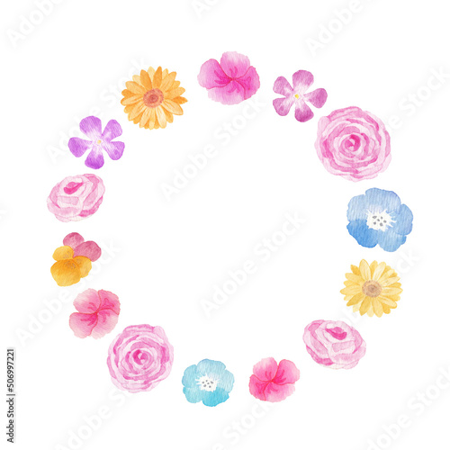 イラスト素材:水彩絵の具で手描きした華やかでカラフルなリース 小さめ等間隔