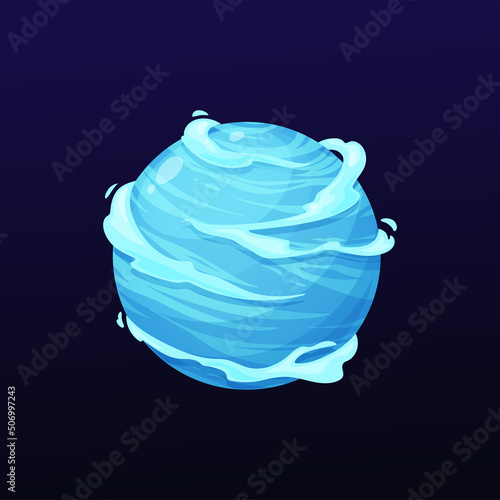 Cartoon cold space planet with ice and snow. Vector frozen alien world with blue atmosphere. Galaxy globe, isolated sphere in universe. Ui game comet, meteor, astronomy science object in outer space