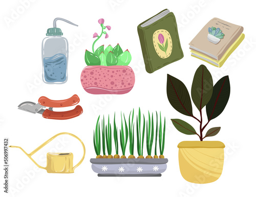 Home gardening.Vector illustration. Different houseplants, gardening books, watering can. Handmade, stickers, postcard