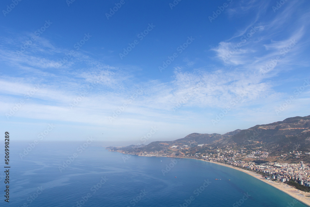 Aerial View on coast line beach to the Mediterranean city Alanya Aerial View on coast line beach to the Mediterranean city Alanya