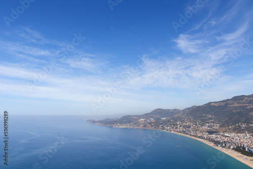 Aerial View on coast line beach to the Mediterranean city Alanya