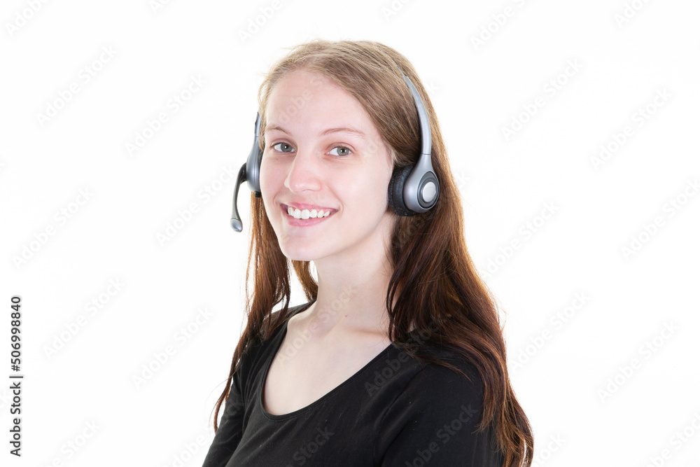 woman blonde in call center tele phone marketer looking direct camera isolated on white background woman blonde in call center tele phone marketer looking direct camera isolated on white background