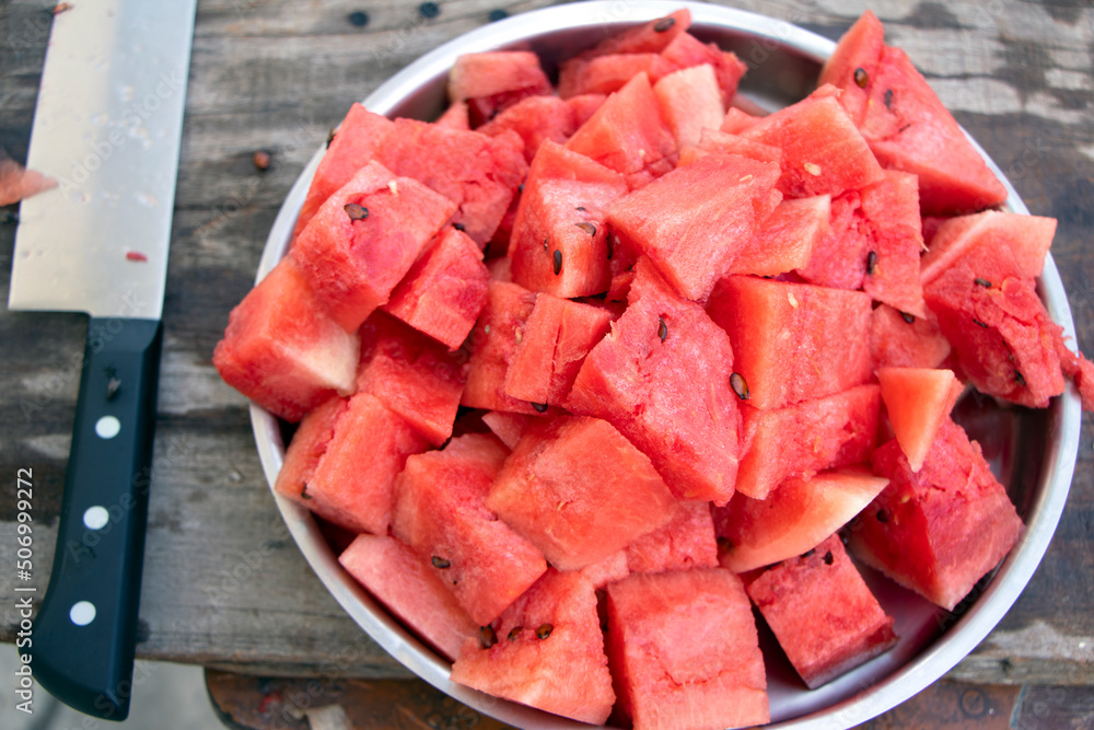 watermelon sliced pieces in a bowl watermelon sliced pieces in a bowl