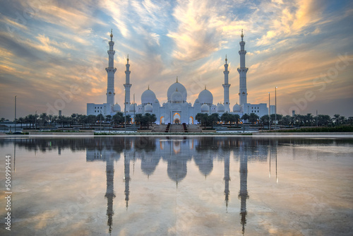 The Famous Sheikh Zayed Grand Mosque and Reflection in Fountain at Sunset - Abu Dhabi, United Arab Emirates (UAE)