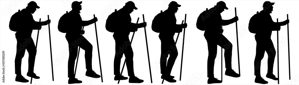 A man in a cap, with a backpack on his back, walks with sticks for walking. Hikers with sticks for walking. The character is suitable for motion animation. Six black male silhouettes isolated on white