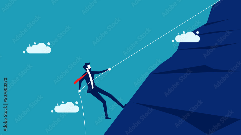 Strive for success. A businessman pulls a rope up a mountain. business concept vector illustration