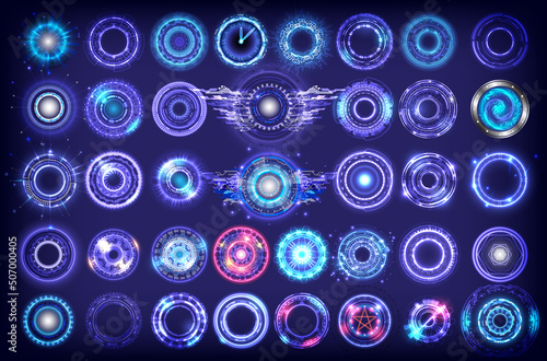 Futuristic Holographic circle of focus elements. Sci-fi round design. Military Collimator Sight. Big set of collection glowing HUD circle. Camera Viewfinder set. Technology Engineering