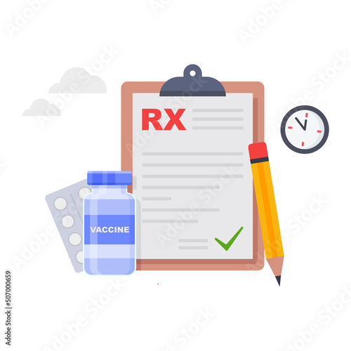 RX medical report prescription drug. Doctors and pills illustration.