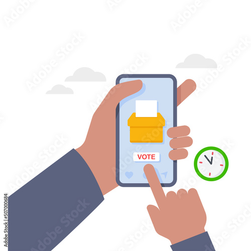 Hand holding mobile voting app. Communication systems and technologies illustration.