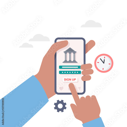 Online banking account application on a mobile phone screen illustration.