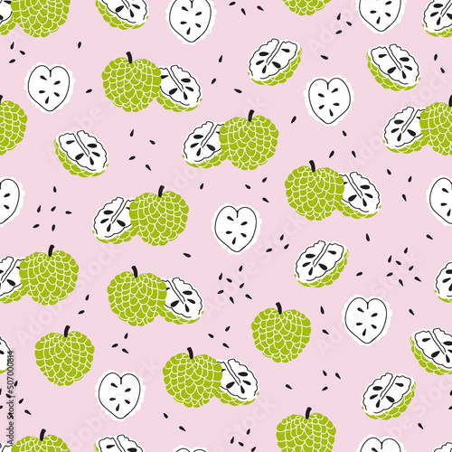 Cherimoya seamless pattern. Custard apple wallpaper. Hand drawn vector illustration. 