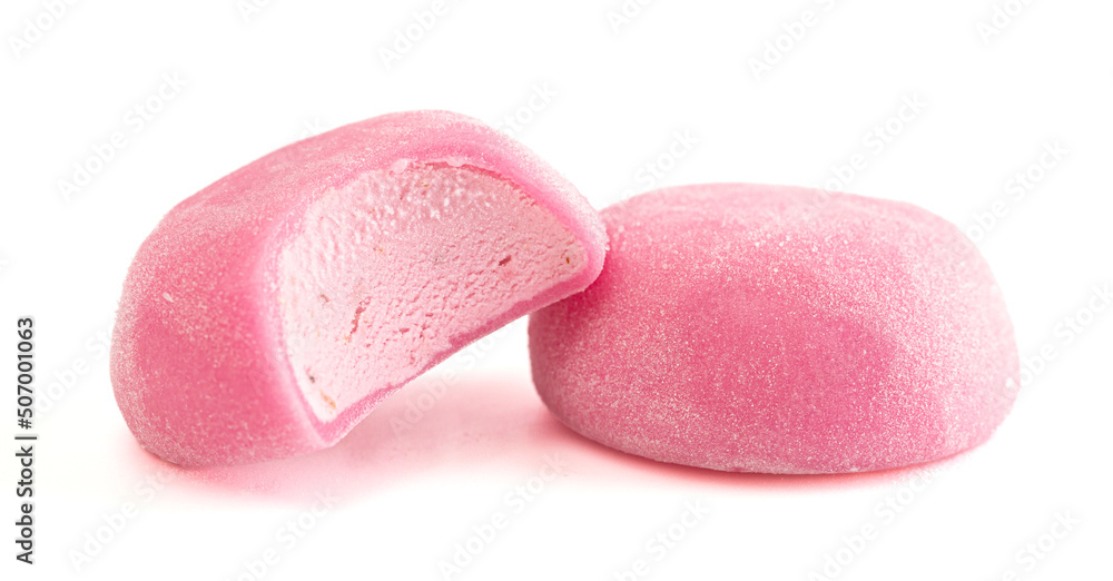 Pink Mochi Ice Cream on a White Background Pink Mochi Ice Cream on a White Background