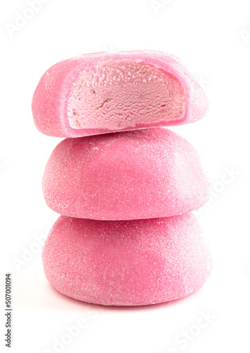 Pink Mochi Ice Cream on a White Background photo