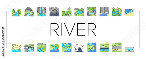 River And Lake Nature Landscape Icons Set Vector