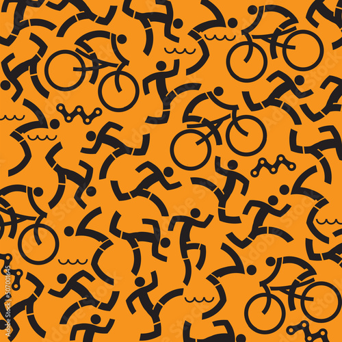   Triathlon icons background. Orange Background with black icons of triathlon athletes. Vector available.
