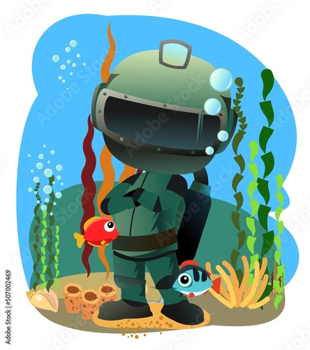 Diver in retro scuba gear surrounded by fish and algae. Guy in underwater suit bottom pond. Funny cartoon. Isolated on white background. Extreme sports. Person in lake or sea. Air bubbles. Vector