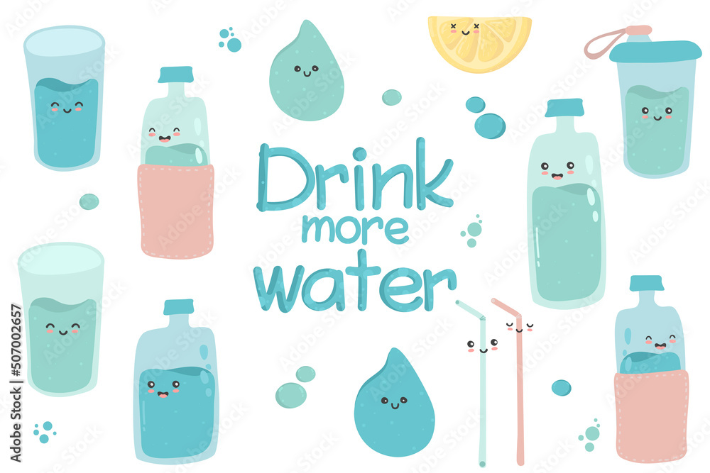 Concept drink more water, drinking water in plastic mug, glass bottle. Vector set of various bottles, glass in hand cartoon style, correct daily habits, morning rituals. Zero waste Concept drink more water, drinking water in plastic mug, glass bottle. Vector set of various bottles, glass in hand cartoon style, correct daily habits, morning rituals. Zero waste