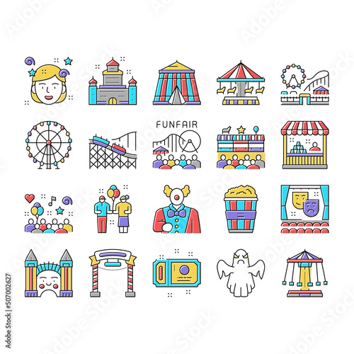 Amusement Park Entertainment Icons Set Vector