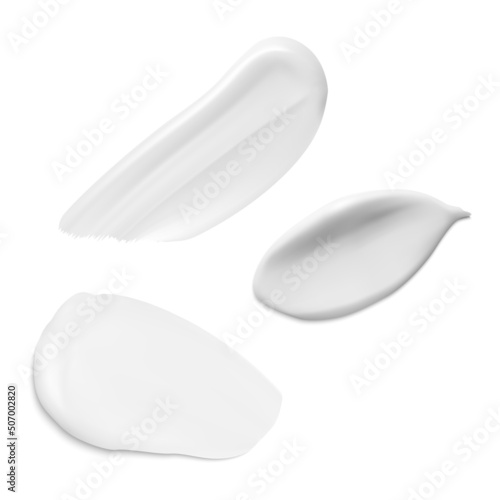 Cosmetic cream texture. Liquid cream stroke isolated on white background. Body gel cosmetic smear swatch, face foam or milk product. Smooth facial concealer set. Realistic moisture creme splash