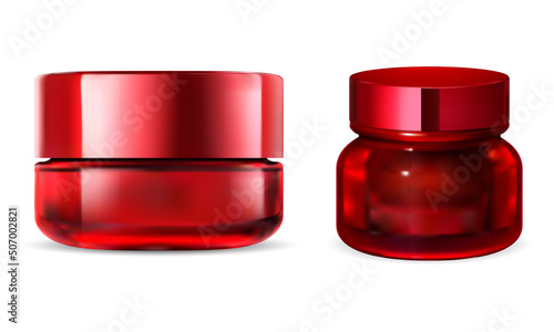 Red glass cream jar mockup. Face skin cosmetic cream bottle for logo or label design. Luxury brand round container with lid, glossy vector template. Facial collagen can