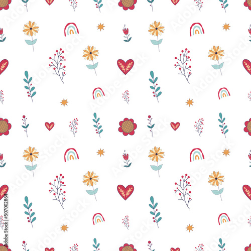 Vector seamless pattern in folk style with flowers. Folklore vector graphics with colorful plants