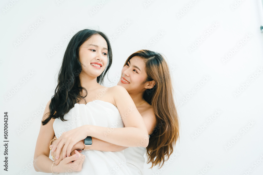 lgbtq, LGBT concept, homosexuality, portrait of two Asian women posing happy together and showing love for each other while taking a shower lgbtq, LGBT concept, homosexuality, portrait of two Asian women posing happy together and showing love for each other while taking a shower